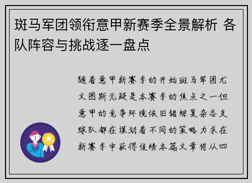 斑马军团领衔意甲新赛季全景解析 各队阵容与挑战逐一盘点